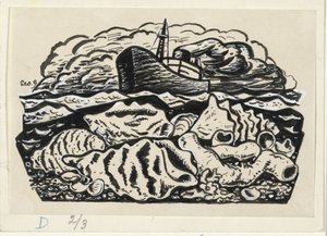Stoomschip op zee met schelpen op het strand door Leo Gestel (signed by artist)