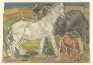 Twee paarden en een veulen in een landschap door Leo Gestel (signed by artist)