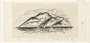 Twee zeilschepen voor een eiland met bergen door Leo Gestel (signed by artist)