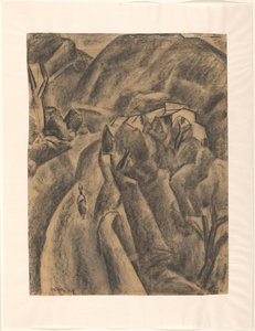 Vrouw met een kruik op het hoofd op een weg door hooggebergte door Leo Gestel (signed by artist)
