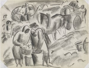 Aardappelrooiers op het land met paard en wagen door Leo Gestel