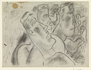 Drie boeren in een weiland met paarden door Leo Gestel