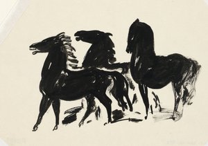 Drie zwarte paarden staand naar links kijkend door Leo Gestel