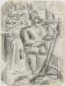 Jager Zittend aan Cafétafel, in Zwart Krijt