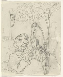Karikatuur van Leo Gestel op zijn ziekbed door Leo Gestel