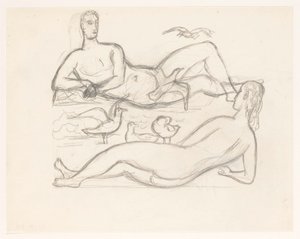 Naakte man en vrouw aan de kustlijn, omringd door zeemeeuwen door Leo Gestel