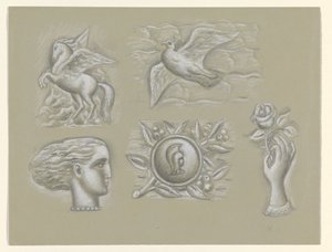 Pegasus, duif, vrouwenhoofd, wapen en hand met roos door Leo Gestel