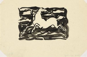 Springend paard met het hoofd naar achteren gedraaid in een kader met op de achtergrond golven door Leo Gestel