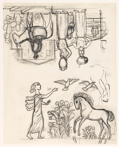 Studieblad met twee vrouwen met kruiken op het hoofd, een man op een ezel en een vrouw die vogels loslaat bij een veulen door Leo Gestel