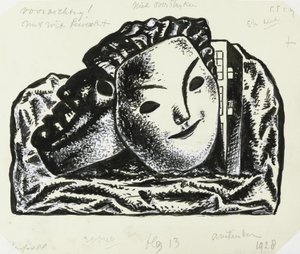 Twee maskers voor gebouw en rotsen (schets)