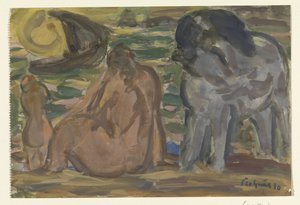 Twee naakte figuren en een paard aan de zee door Leo Gestel