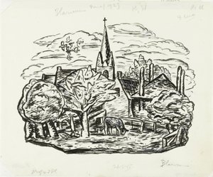Zonder titel (Gezicht op dorp Blaricum met grazende koe)
