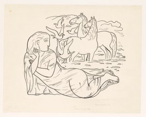 Vrouw liggend aan het strand met twee paarden en enkele zeemeeuwen door Leo Gestel