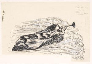 Vrouw met trompet, zwevend op wolken door Leo Gestel