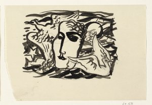 Vrouwenhoofd en meeuwen met op de achtergrond de zee door Leo Gestel