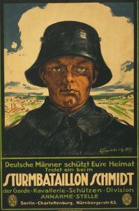 Sturmbataillon Schmidt; Duitse Mannen bescherm Uw Vaderland! 1919 (kleur lithografie)