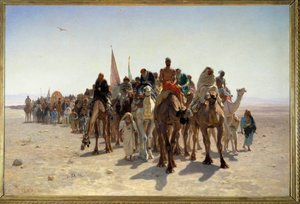 Pelgrims op weg naar Mekka Karavaan van reizigers op kamelen in de woestijn door Leon Auguste Adolphe Belly