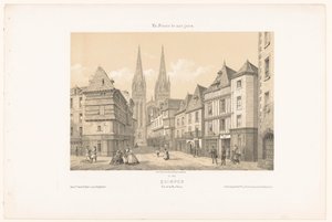 Zicht op de Rue Kéréon en de kathedraal in Quimper door Leon Auguste Asselineau