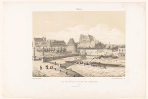 Zicht op het kasteel en de Pont de la Rotonde over de Loire in Nantes door Leon Auguste Asselineau