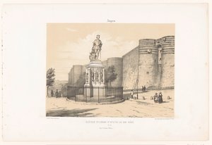 Zicht op het standbeeld van René I van Anjou en het kasteel van Angers