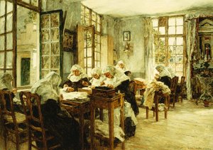 Nonnen aan het naaien door Leon Augustin Lhermitte