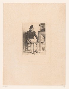 Oude man in militair kostuum, zittend naast een open haard door Leon Augustin Lhermitte