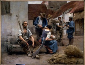 De loonlijst van boerenoogsters op een boerenerf, een van hen houdt een zeis vast