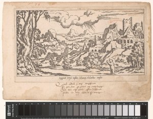 Callisto als beer smeekt tot Jupiter in een landschap met ruïnes