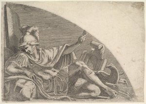 Mars gezeten te midden van trofeeën, 1540-56 door Leon Davent