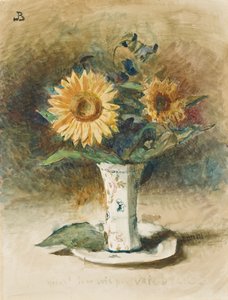 Helaas! Ik ben geen Van Dyck: twee zonnebloemen in een vaas