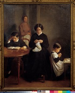 De familie van de kunstenaar. De jonge broer studeerde, terwijl de moeder en zus naaiwerk deden. Schilderij door Leon Bonnat (1833-1922) 1853 Bayonne, Musée Bonnat door Leon Joseph Florentin Bonnat