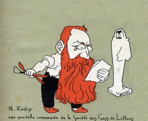 Cartoon door Auguste Rodin met een nieuwe opdracht van de Societe des gens de lettres (Beeldhouwwerk door Balzac) - Illustratie door Leon Lebegue - Gravure in 