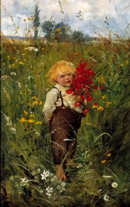 De kleine jongen met het boeket. Schilderij door Leon Tanzi (1846-1913)