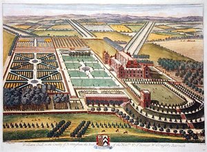 Wollaton Hall in het graafschap Nottingham, gegraveerd door Johannes Kip