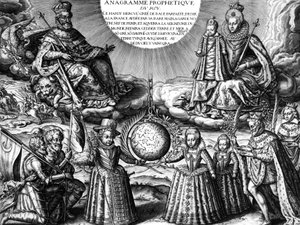Franse koninklijke familie in 1607 (propaganda): Franse koning Henri IV en zijn vrouw koningin Marie de Medicis met hun dochter Christine; onder: hun andere kinderen: de toekomstige Louis XIII, Elisabeth en Henriette-Marie. Rechts: de koning gevolgd door z door Leonard Gaultier