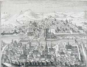 Groot perspectief van Parijs in 1607, gebaseerd op de gravure van Léonard Gaultier door Leonard Gaultier
