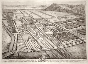 Chatsworth House, zetel van William Cavendish (1640-1707) 1e Hertog van Devonshire, gegraveerd door Johannes Kip