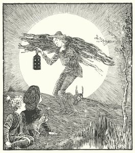De man in de maan, kwam naar beneden tuimelen (gravure)