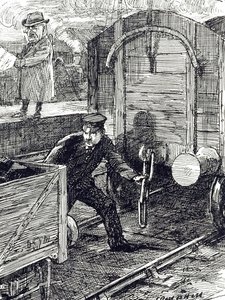 Een cartoon over ongevallen van spoorwegwerkers. Geïllustreerd door Leonard Raven-Hill (1867-1942), een Engelse kunstenaar, illustrator en cartoonist, 20e eeuw