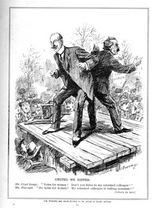 Lloyd George en Harcourt, beide ministers in de Liberale Regering, oneens over het geven van stemmen aan vrouwen, 1910