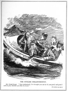 Lloyd George, afgebeeld als een reddingsbootschipper, wordt geconfronteerd met oppositie tegen zijn National Insurance Act, 1911