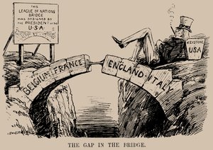 De kloof in de brug. Cartoon over de afwezigheid van de VS in de Volkenbond, dec 1919