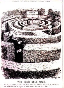Het Home Rule Doolhof. Mr Asquith: "Pardon, meneer, maar probeert u erin of eruit te komen?" Mr. Bonar Law: "Precies wat ik u wilde vragen, meneer" uit 