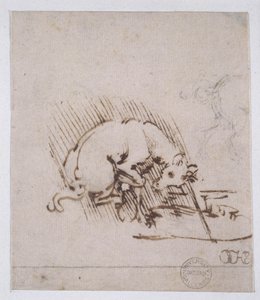 Eenhoorn dompelt zijn hoorn in een waterpoel, ca. 1481 door Leonardo da Vinci