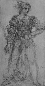 Een vrouw die een lijfje van gevlochten linten draagt, circa 1480, 1945