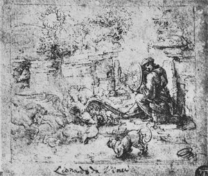 Allegorie: Dieren vechten en een man met een brandglas, c1480 1945