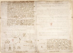 Aantekeningen over kosmologie (ondersteboven); diagrammen die Leonardo