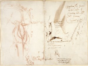 Planimetrische schets van de rivier Arno; notities over afstanden en richtingen