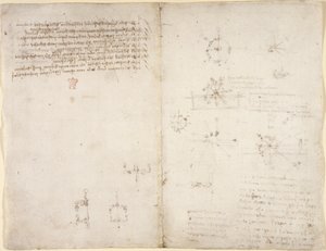Tekeningen over de mechanische krachten en krachten, percussie, zwaartekracht, beweging, optica en astronomie, met verschillende rekenkundige en geometrische stellingen door Leonardo da Vinci