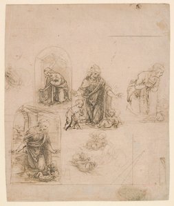 Compositorische Schetsen voor de Maagd die het Christuskind aanbidt, 1480-85 door Leonardo da Vinci